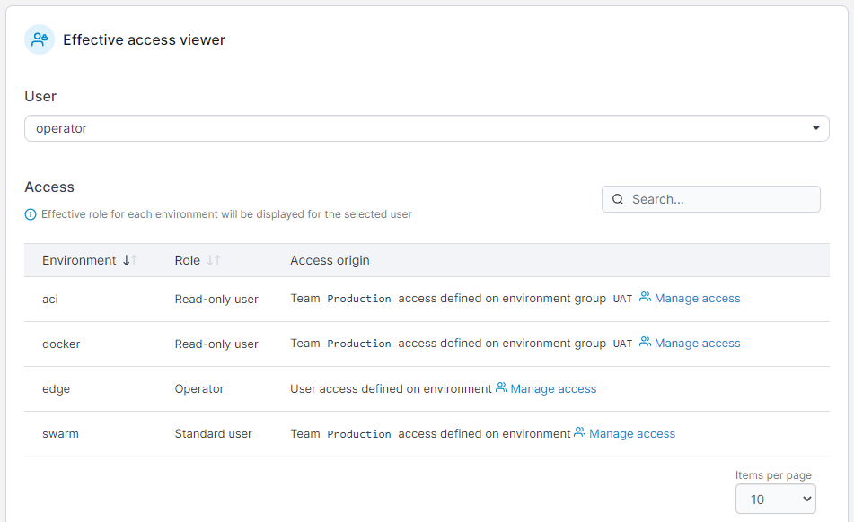 Portainer effective access viewer showing a user's resolved roles and access across environments
