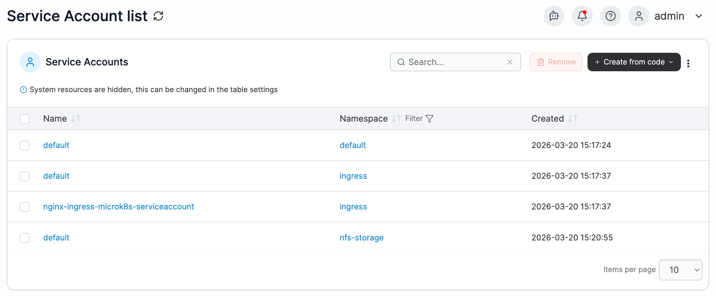 Portainer Kubernetes Service Accounts list