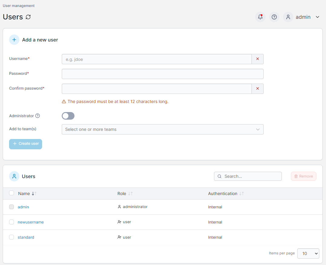 Portainer user list screen