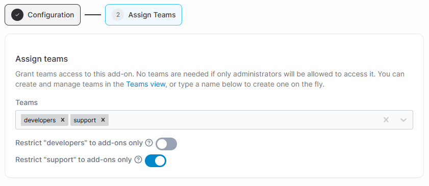 Portainer add-on install wizard step to assign team access