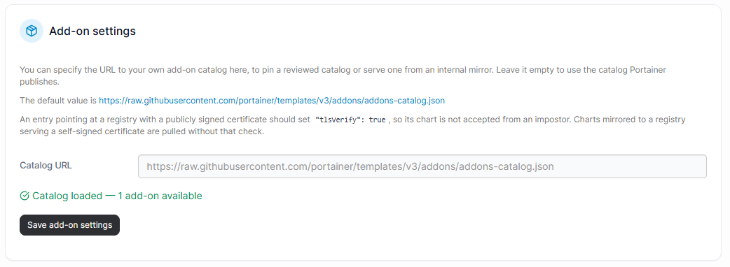 Portainer settings field to specify a custom add-on catalog URL
