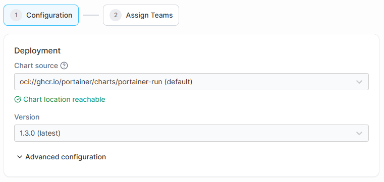 Portainer add-on install wizard showing chart source and image registry fields