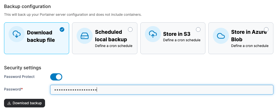 Portainer backup configuration screen with target and schedule options