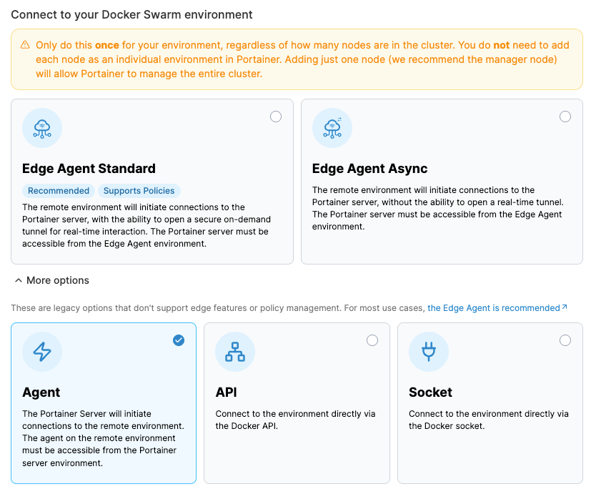 Portainer Add environment screen for a Docker Swarm cluster via Portainer Agent