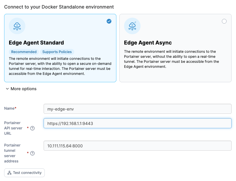 Portainer Add environment screen for an Edge Agent in standard tunnel mode