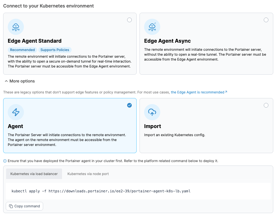 Portainer Add environment screen for a self-managed Kubernetes cluster via Portainer Agent