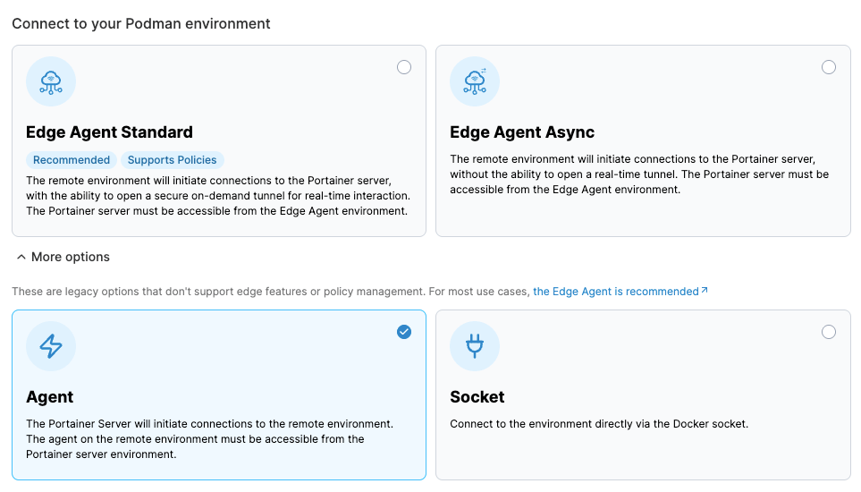 Portainer Add environment screen for a Podman host via Portainer Agent