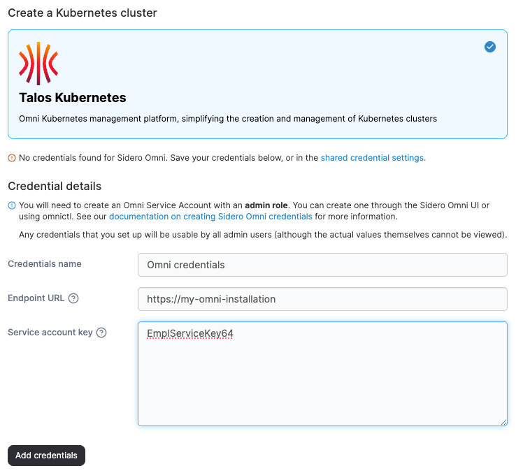 Portainer Create Kubernetes cluster screen for Talos via Sidero Omni