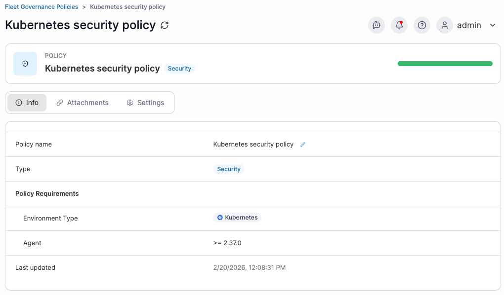 Portainer policy configuration screen showing requirements and settings