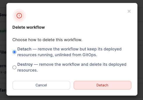 Portainer delete workflow confirmation dialog offering Detach or Destroy