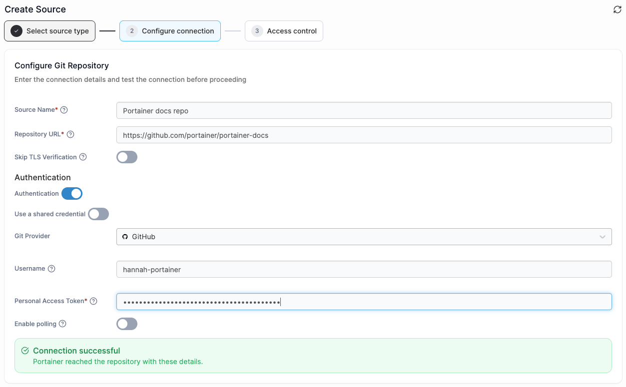 Portainer Add new Git source form with repository URL, auth type, and polling interval fields