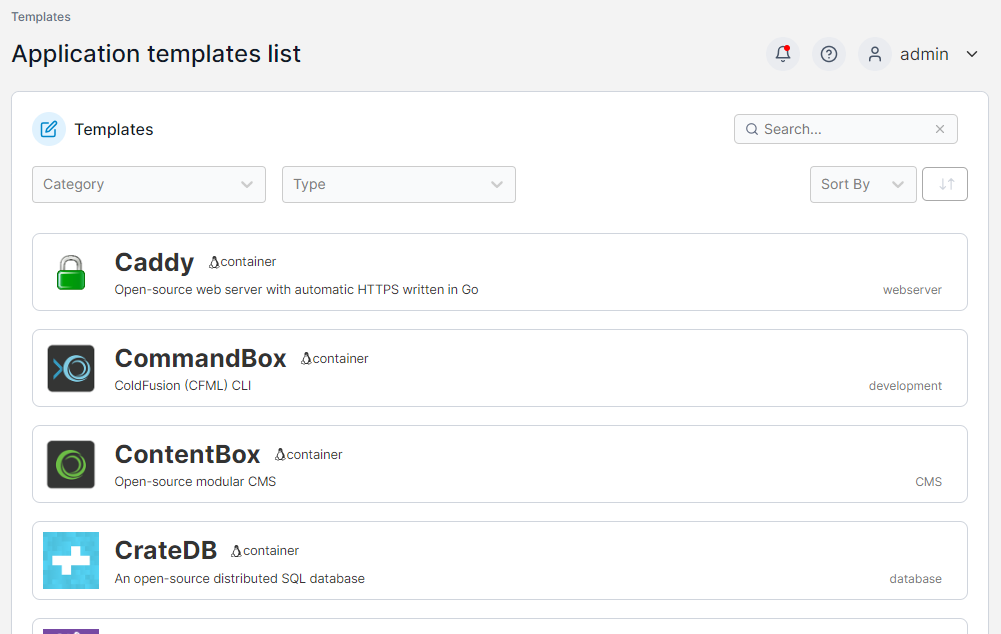 Portainer application template catalog list