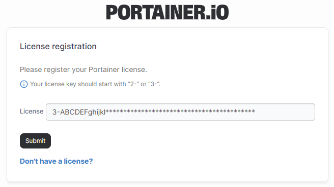Portainer license registration screen with a license key field
