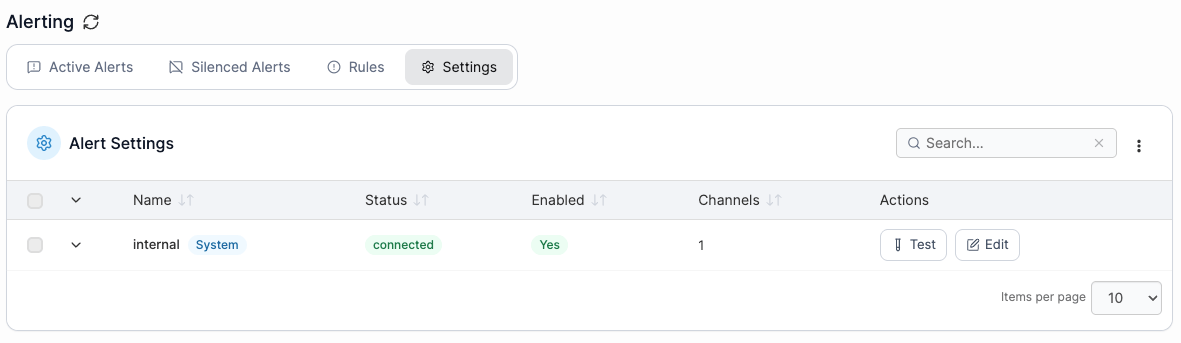 Portainer alert settings tab listing alert-manager instances