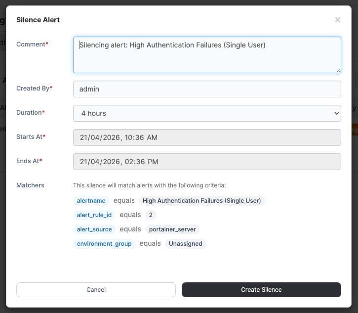 Portainer silence-an-alert form with comment, duration, and matchers