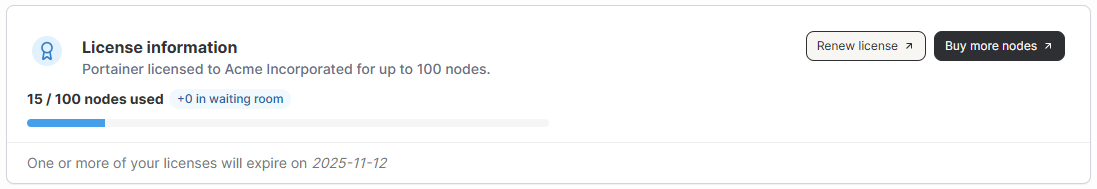 Portainer license summary showing node count basis