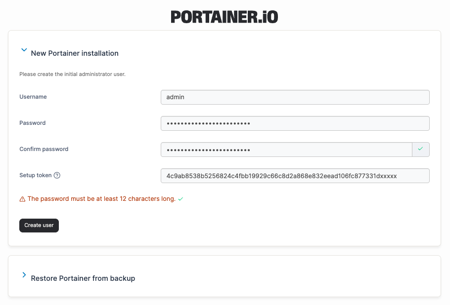 Portainer new installation screen with username, password, and setup token fields