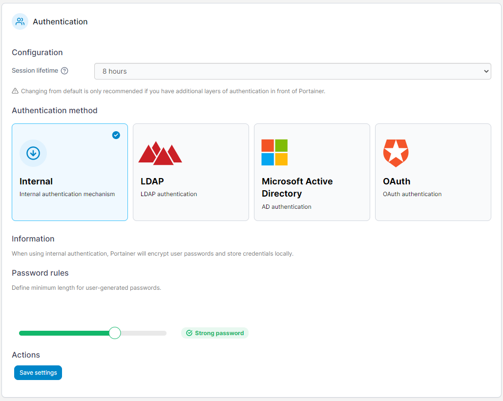 Portainer authentication settings screen showing the available authentication methods